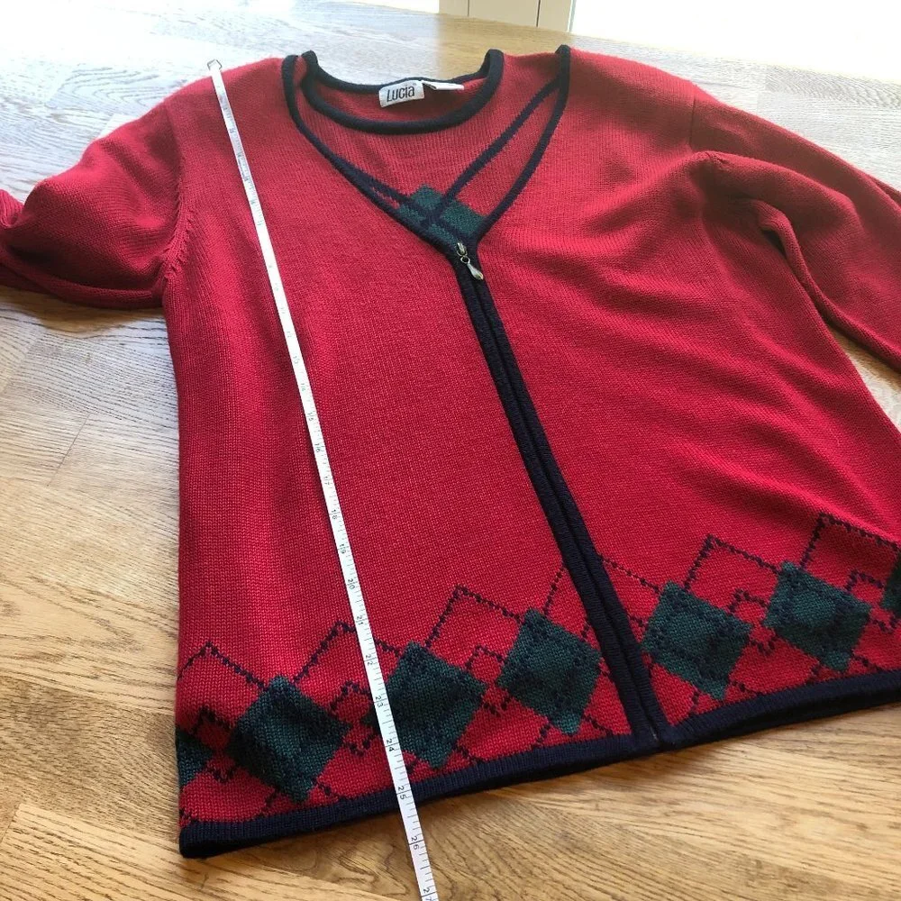 Vintage Lucia Red Argyle 2 Piece Set Top Full Zip Cardigan Medium